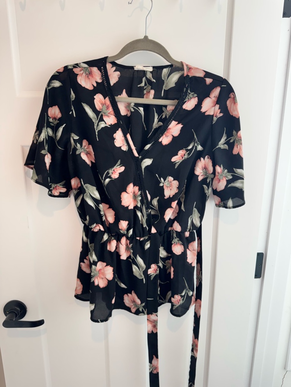 Sienna Sky Black Wrap Top with Pink Floral Print